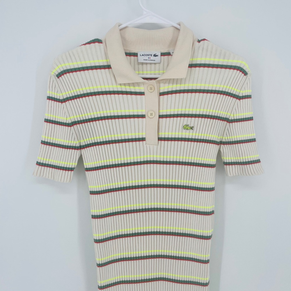 Lacoste Made in France Striped Ribbed Knit Polo Dress Cream Green Red Size 38 - Picture 2 of 13